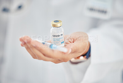 Buy stock photo Covid vaccine vial, doctor hands and medicine injection for healthcare cure, wellness safety and antiviral booster shot in hospital clinic. Closeup of corona virus medical treatment immunity support