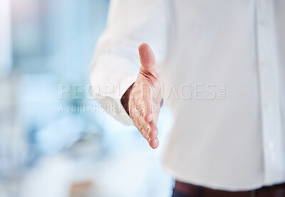 Buy stock photo Businessman hand for b2b, handshake and welcome with thank you in a office. Networking and meeting for interview to agree on deal, partnership or offer. Collaboration on negotiation for job promotion