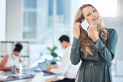 Buy stock photo Business woman, employee and corporate worker removing covid mask in office at work, happy about end of pandemic and giving smile while working at startup company. Portrait of manager free from virus