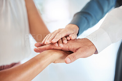 Buy stock photo Teamwork, collaboration and support business people hands stacked together in closeup. Group community together with company goal for motivation, workforce cooperation and mission trust or solidarity