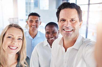 Buy stock photo Team building, smile and network selfie with business people in corporate, strategy or vision meeting. Teamwork, motivation and community with group of employees in goals, mindset and trust picture 