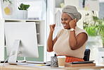Success, celebration and happy business woman reading a positive email on computer, joy and winning. Excited black employee celebrating victory, good news or promotion with victory gesture in office