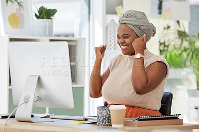 Buy stock photo Success, celebration and happy business woman reading a positive email on computer, joy and winning. Excited black employee celebrating victory, good news or promotion with victory gesture in office