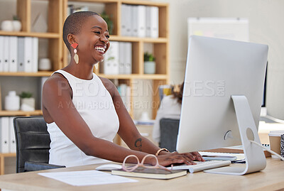 Buy stock photo Digital marketing, creative woman and office computer for happy social media employee, worker or brand leader. Smile, success or motivation for designer planning advertising strategy from vision idea