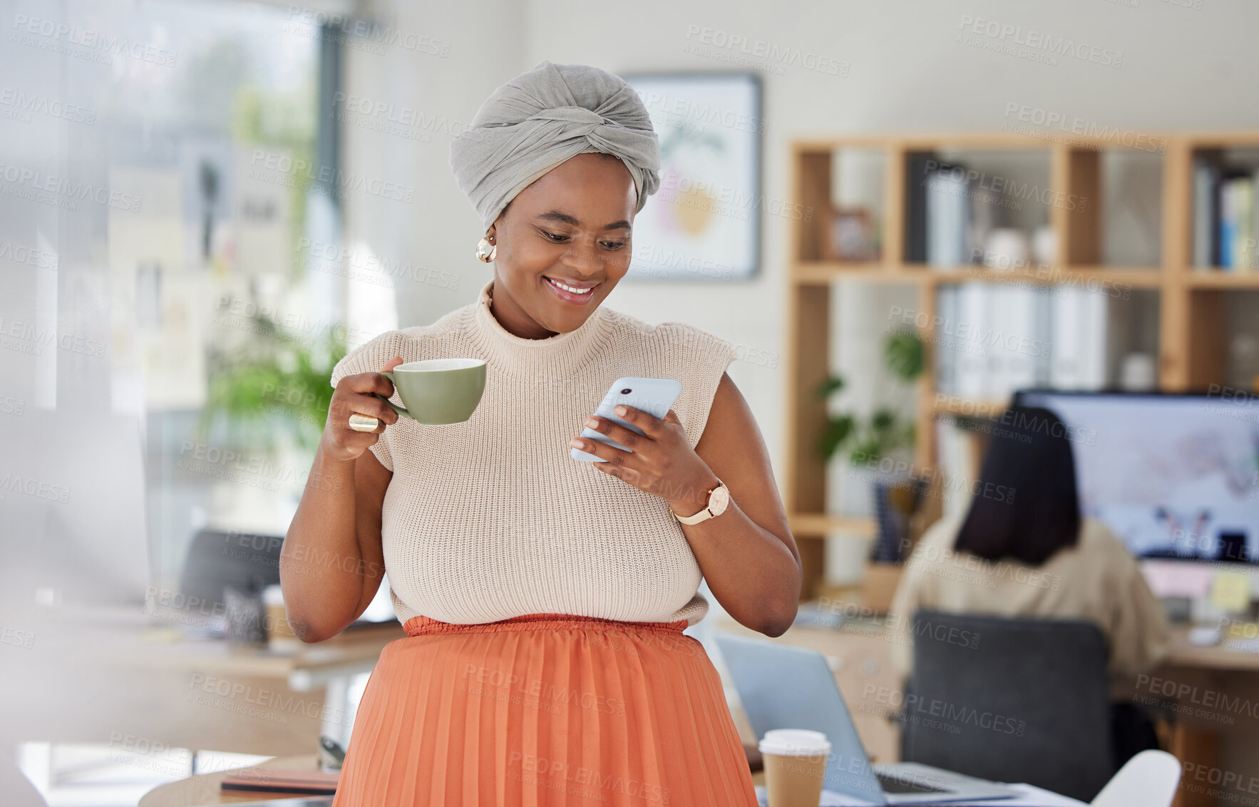 Buy stock photo Girl on office coffee break with phone texting, internet or web search and relax in startup business or company. Black woman working in social media content writing on lunch break drinking tea