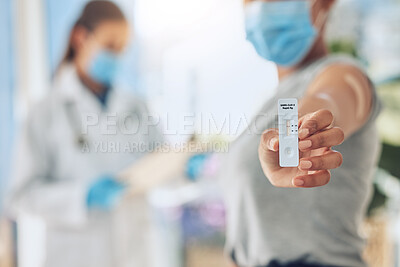 Buy stock photo Hand with pcr covid test at hospital, sick patient doing virus consultation with doctor at hospital and consulting with healthcare worker at clinic. Woman with professional corona exam results