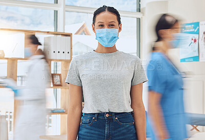 Buy stock photo Compliance, healthcare and covid rules at hospital with a happy patient coming for a checkup with busy doctors. Portrait of a young woman looking excited about the corona vaccine and treatment