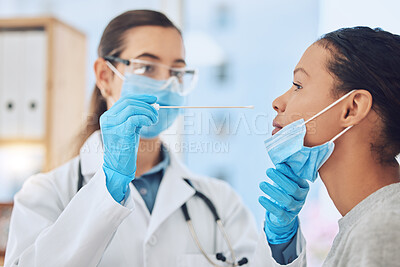 Buy stock photo Covid, testing and healthcare with a medical doctor and patient doing a pcr test for corona virus symptoms. Hospital, medicine and consulting with a female health worker in appointment with a woman