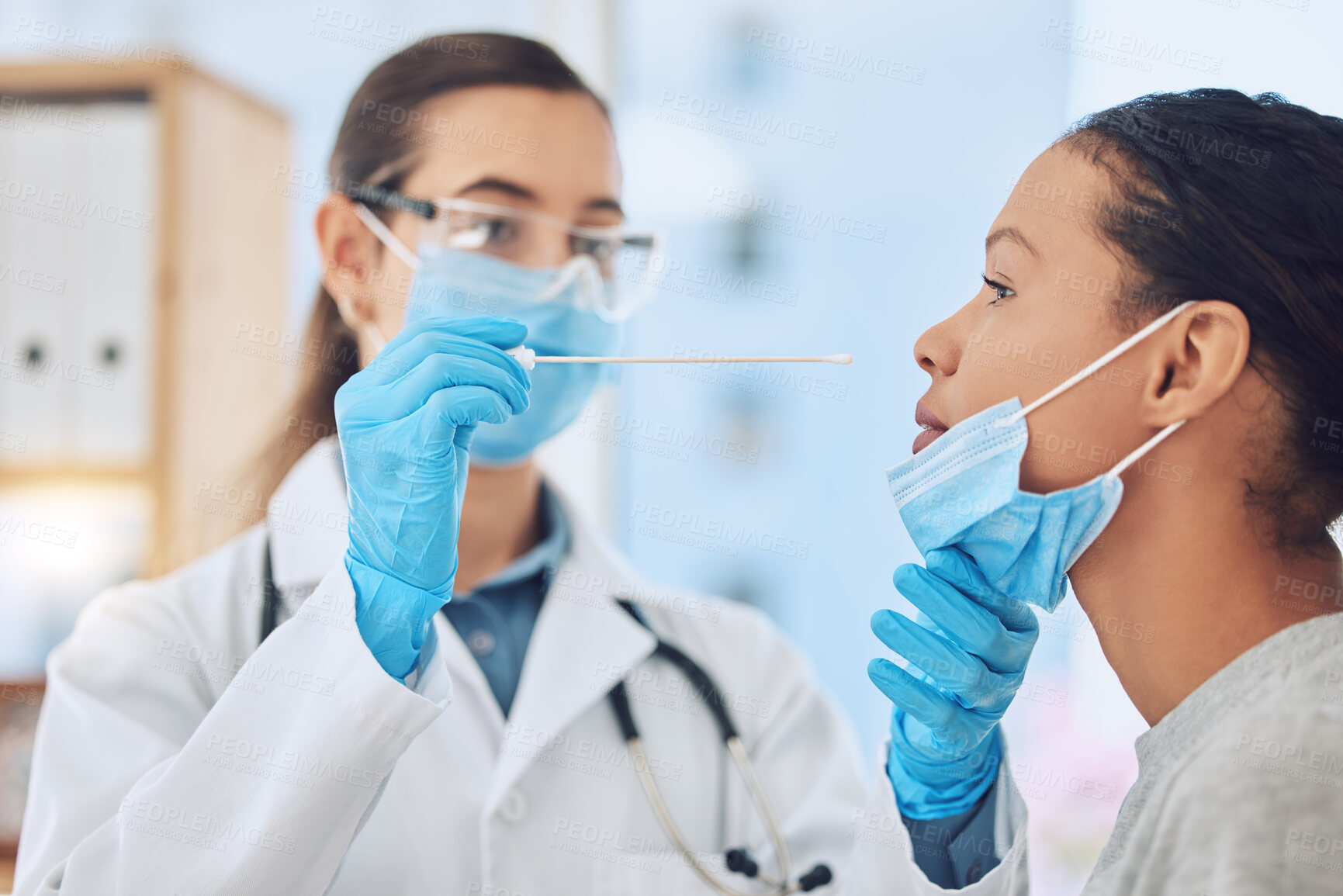 Buy stock photo Covid, testing and healthcare with a medical doctor and patient doing a pcr test for corona virus symptoms. Hospital, medicine and consulting with a female health worker in appointment with a woman