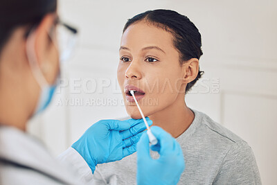 Buy stock photo Female patient, healthcare and covid test using swab in mouth to collect specimen at testing center. Medical professional or doctor with gloves for hygiene while working with coronavirus in hospital