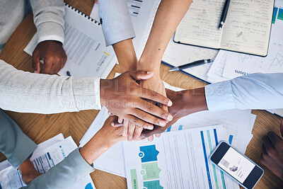 Buy stock photo Teamwork, office and collaboration of hands at work together to show job community and support. Diversity of business team ready for working on a digital sales market project, strategy and innovation