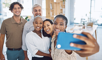 Buy stock photo Phone, selfie and teamwork with a business team working in collaboration in their office and taking a picture. Motivation, diversity and photograph with happy friends having fun together at work