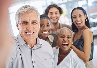 Buy stock photo Selfie, diversity and happy business people looking happy together in a startup office. Corporate workplace and employees engagement with teamwork and healthy staff in in a positive work environment