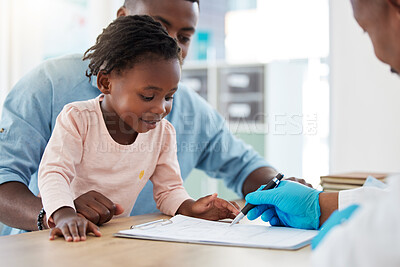 Buy stock photo Family medical doctor consulting child, african girl smile and black man in healthcare hospital room communication. Check patient insurance information, dad holding kid and prescription of medication