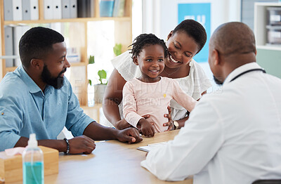 Buy stock photo Black family, girl and consulting doctor in hospital, healthcare and medical room with mother, father and kids. Smile, happy and trust with pediatrician employee, worker and children medicine support
