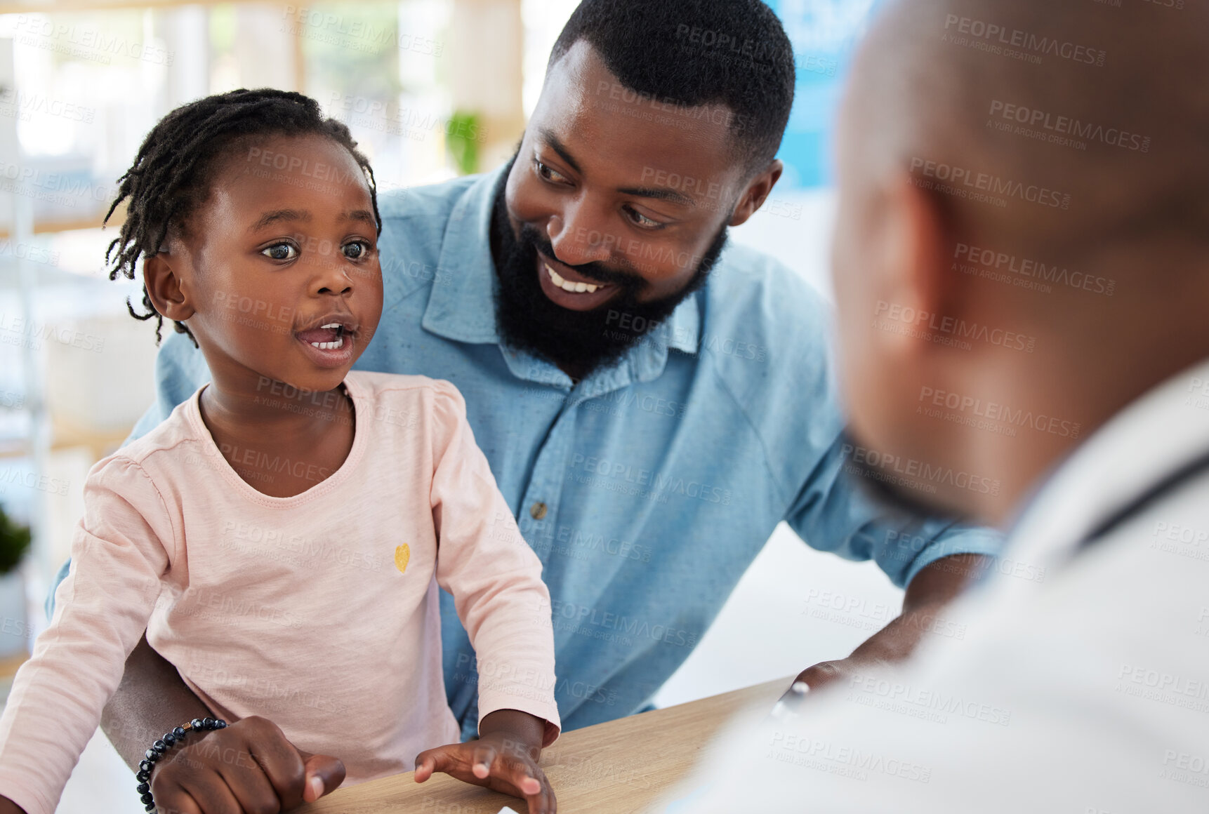 Buy stock photo Kids doctor, black family and consulting hospital worker in medical, insurance or healthcare help. Girl, happy father and pediatric employee in conversation or communication in children wellness room