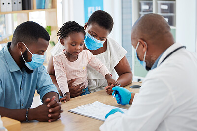 Buy stock photo Black family, consulting and pediatrician with covid, vaccine or medical, healthcare checklist. Doctor, questions and exam for young girl patient with her parents in hospital or clinic room
