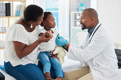 Buy stock photo Band aid, covid vaccine and kids with doctor, healthcare employee or medical pediatrician in hospital. Black family, mother or girl for global virus medicine as security, safety or wellness insurance