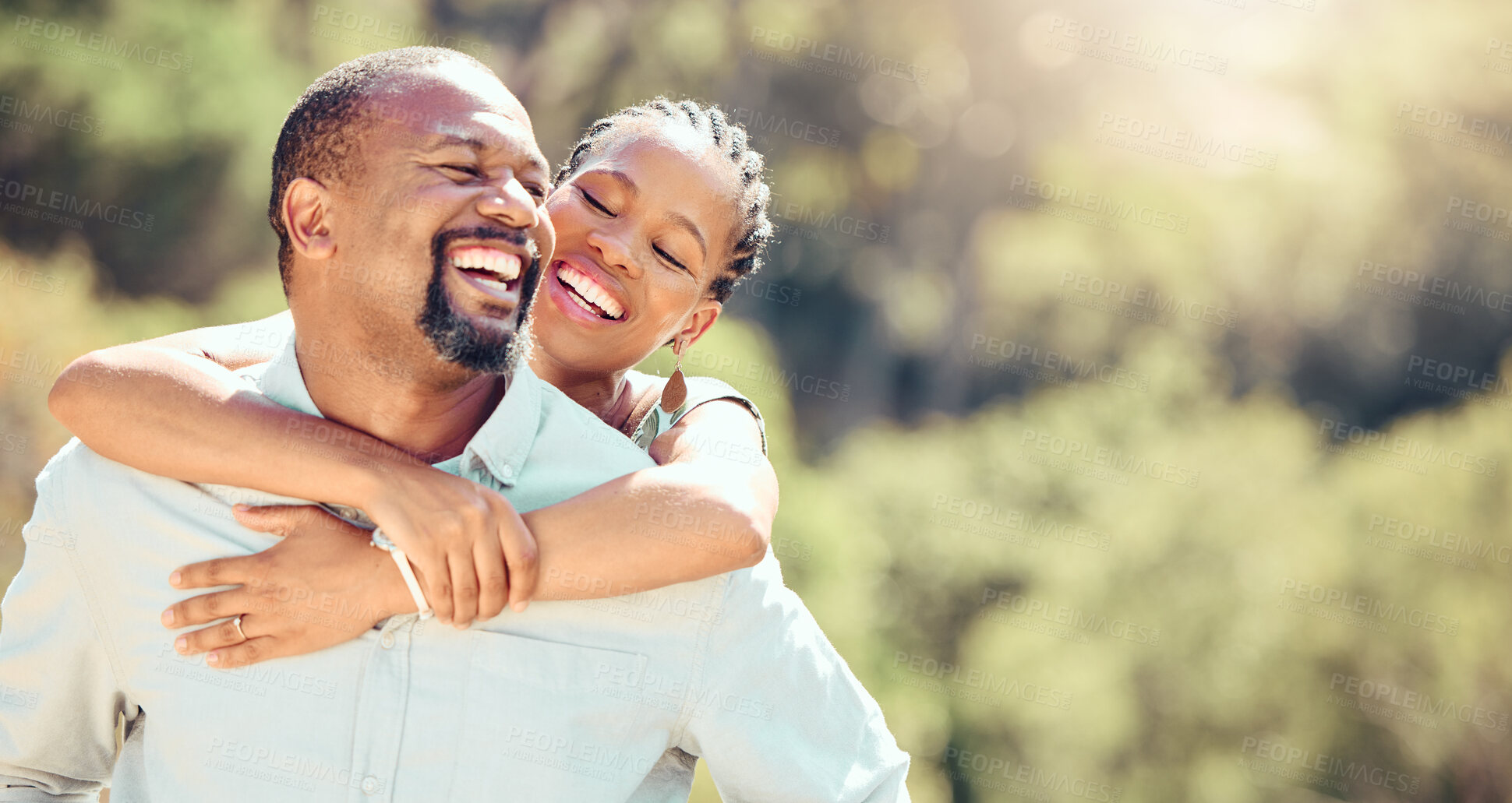 Buy stock photo Happy, love and outdoor couple on a date in park or green nature environment for a healthy and wellness lifestyle. Freedom and carefree man, woman or boyfriend and girlfriend enjoying the summer sun