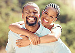 Face portrait of African couple in nature, hug on love date in park in summer and smile for care in garden in spring. Happy and relax man and woman in sun on walk in green countryside holiday