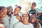 Family, selfie and love with people taking a photograph with a smile together outside in summer. Self portrait of a happy group of children, parents and grandparents posing for a picture in the sun