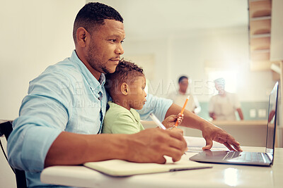 Buy stock photo Father, busy and typing on laptop and working while son plays at home. Serious parent trying to work on technology and child watches. Man freelancer bonding with adorable little playful curious boy