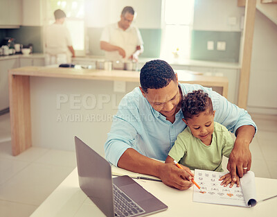 Buy stock photo Father, child and learning to color in a book, helpful dad teaching son to hold a pencil at home. Happy family man helping his kid with homework on break from working on laptop in the kitchen.