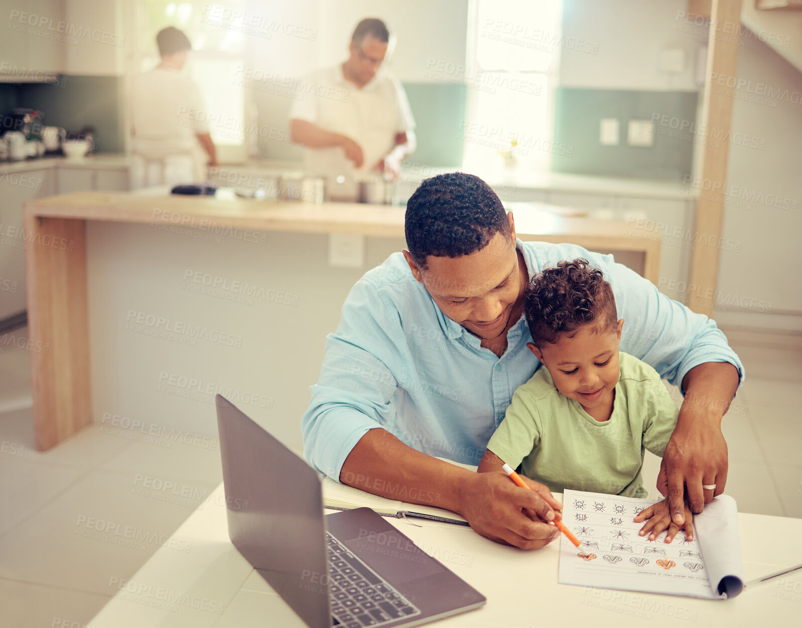 Buy stock photo Father, child and learning to color in a book, helpful dad teaching son to hold a pencil at home. Happy family man helping his kid with homework on break from working on laptop in the kitchen.