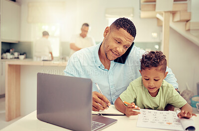 Buy stock photo Remote, business man and parent multitasking with child at home, talking on phone call and help with homework. Productive single father online project management while discuss strategy and balance 