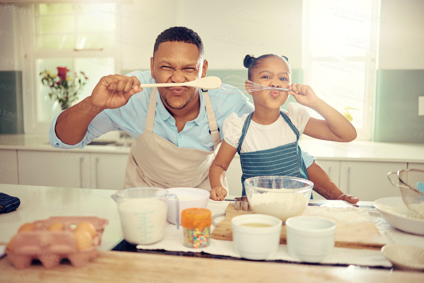 Buy stock photo Food, cooking and family with happy black father and daughter bonding and being silly in a kitchen, Single parent teaching his child how to prepare a healthy and nutrition meal, having fun at home