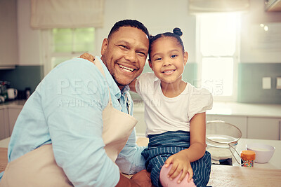 Buy stock photo Face portrait of family cooking in the kitchen at home, father teaching girl to make lunch and baking together in house. Smile, happy and young African kid learning to cook food with chef dad