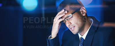 Buy stock photo Headache, burnout and stress business man working late in corporate office. Workaholic feeling the pressure of workload and deadline, frustrated and suffering with migraine and exhausted by overtime