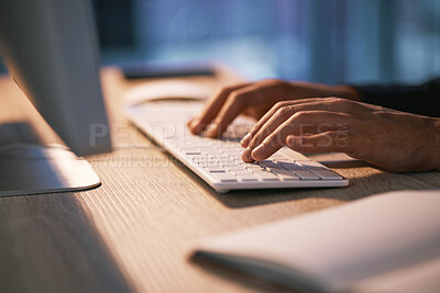 Buy stock photo Hands of business person typing on computer keyboard in office at work, working on pc programming and networking on technology at desk. Programmer coding on web, writing email and networking online