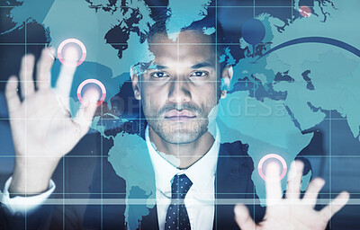Buy stock photo Digital big data cloud computer man, futuristic web graphs and digital transformation with businessman, trader or investor. Face of website developer, crypto reading analytics and research on tech 
