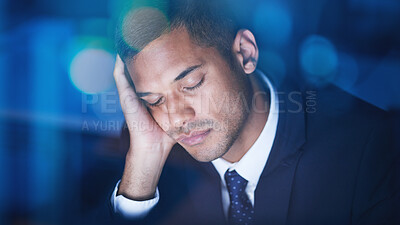 Buy stock photo Tired, overworked and exhausted businessman sleeping while working overtime in the office at night. Fatigue, burnout and lazy corporate manager sitting at desk and taking nap in the company building.