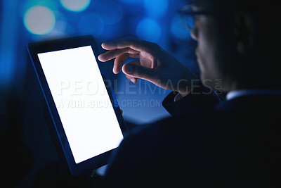 Buy stock photo Tablet mock up, white screen and contact us website in a hand of a business man for advertising or digital marketing in a dark office at night. 5g wireless network with fast internet on mobile app 
