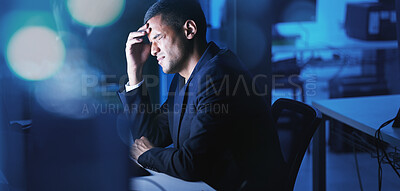 Buy stock photo Headache, mental health and businessman in pain due to migraine caused by stress, anxiety and burnout at work. Accounting professional feeling overwhelmed, frustrated and fatigue on his computer desk