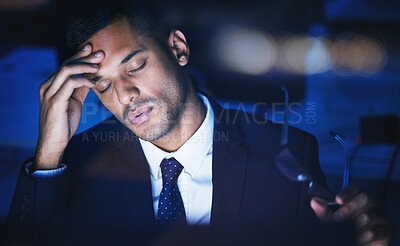 Buy stock photo Night, stress and headache of a businessman working overtime or late in dark office for 404 report, IT coding or software deadline. Tired, frustrated or sad corporate information technology manager