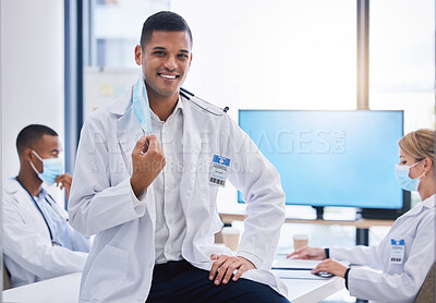 Buy stock photo Doctor with covid, healthcare worker and medical professional with face mask at end of pandemic in a meeting at hospital and in a seminar workshop. Portrait of happy employee in training at clinic