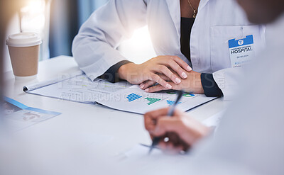 Buy stock photo Doctor planning with report in meeting, healthcare worker and medical expert in discussion about health insurance paperwork and writing hospital schedule in training. Team of nurses in conference