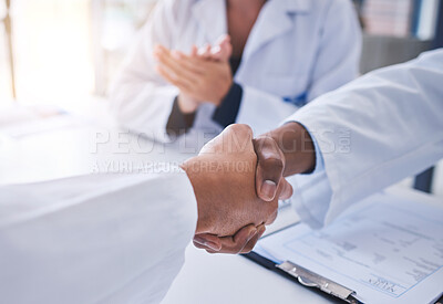 Buy stock photo Science partnership agreement, handshake innovation deal and research laboratory scientist contract. Medical teamwork meeting room, big pharma collaboration and healthcare education communication