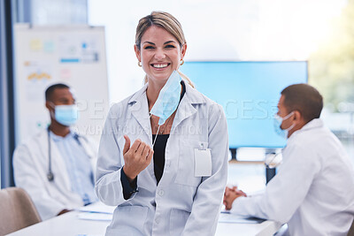 Buy stock photo Taking off face mask, covid and woman doctor portrait with support, trust and motvation to stop global virus. Smile, happy or medicine employee in hospital teamwork meeting  post lockdown regulations