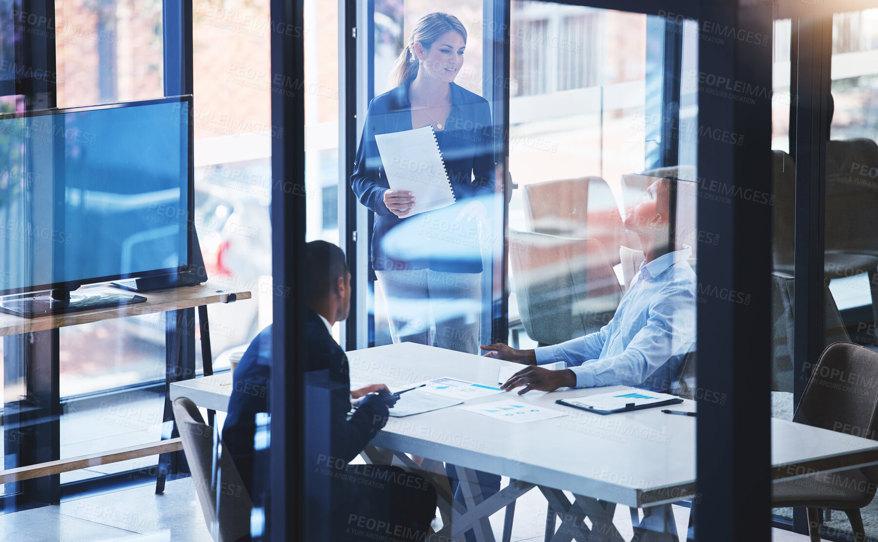 Buy stock photo Team manager digital presentation, business meeting teamwork at boardroom table and glass office room. Big data leader coaching employees, blockchain training workshop and finance strategy document