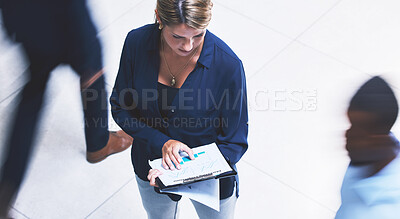 Buy stock photo Marketing, data and business women with analytics in corporate company office building. Manager, leadership and administration with employee working in growth, strategy or budget chart