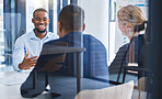 Business people talking in interview with employee, meeting for corporate partnership and happy with collaboration deal in work office. Team of professional staff in discussion about strategy