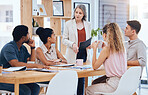 Ceo woman consulting young team, explain business strategy and professional working together. Group of employees listen to boss, corporate office manager planning meeting and solution focused staff
