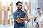 Business meeting, black man and smile portrait with arms crossed at coworking conference desk. Casual corporate male with proud, confident and happy expression at office building boardroom.