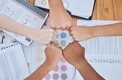 Buy stock photo Motivation, teamwork and fist hands of business people in project management, innovation and network meeting. Diversity, collaboration and goals with group of employees in trust, success and vision 