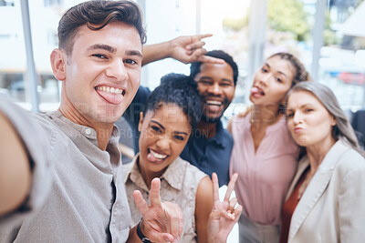 Buy stock photo Selfie, peace and teamwork with a team of business people working in collaboration and taking a picture together. Motivation, fun and solidarity with a group of work friends posing in the office