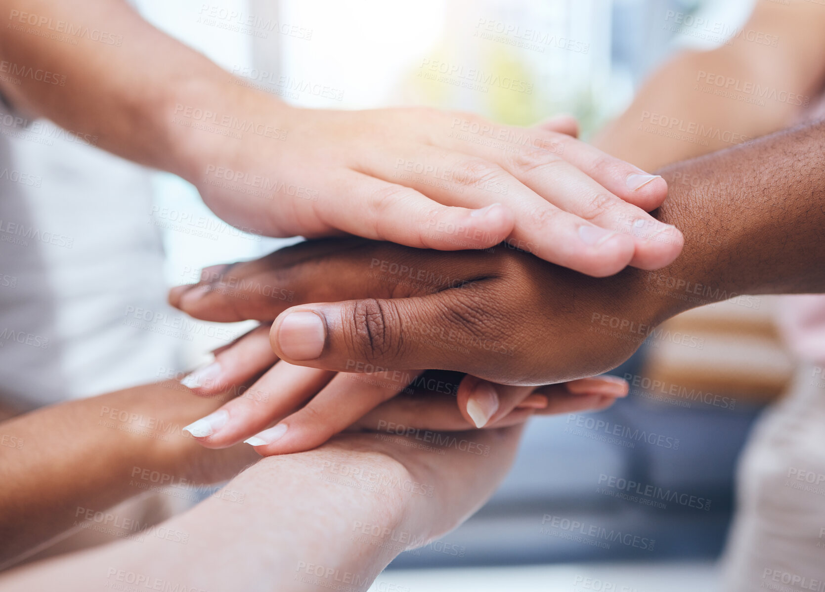 Buy stock photo Hands, teamwork and support with a team of people working together in collaboration and standing in a huddle. Community, trust and hope with a diverse group joining together in unity and solidarity